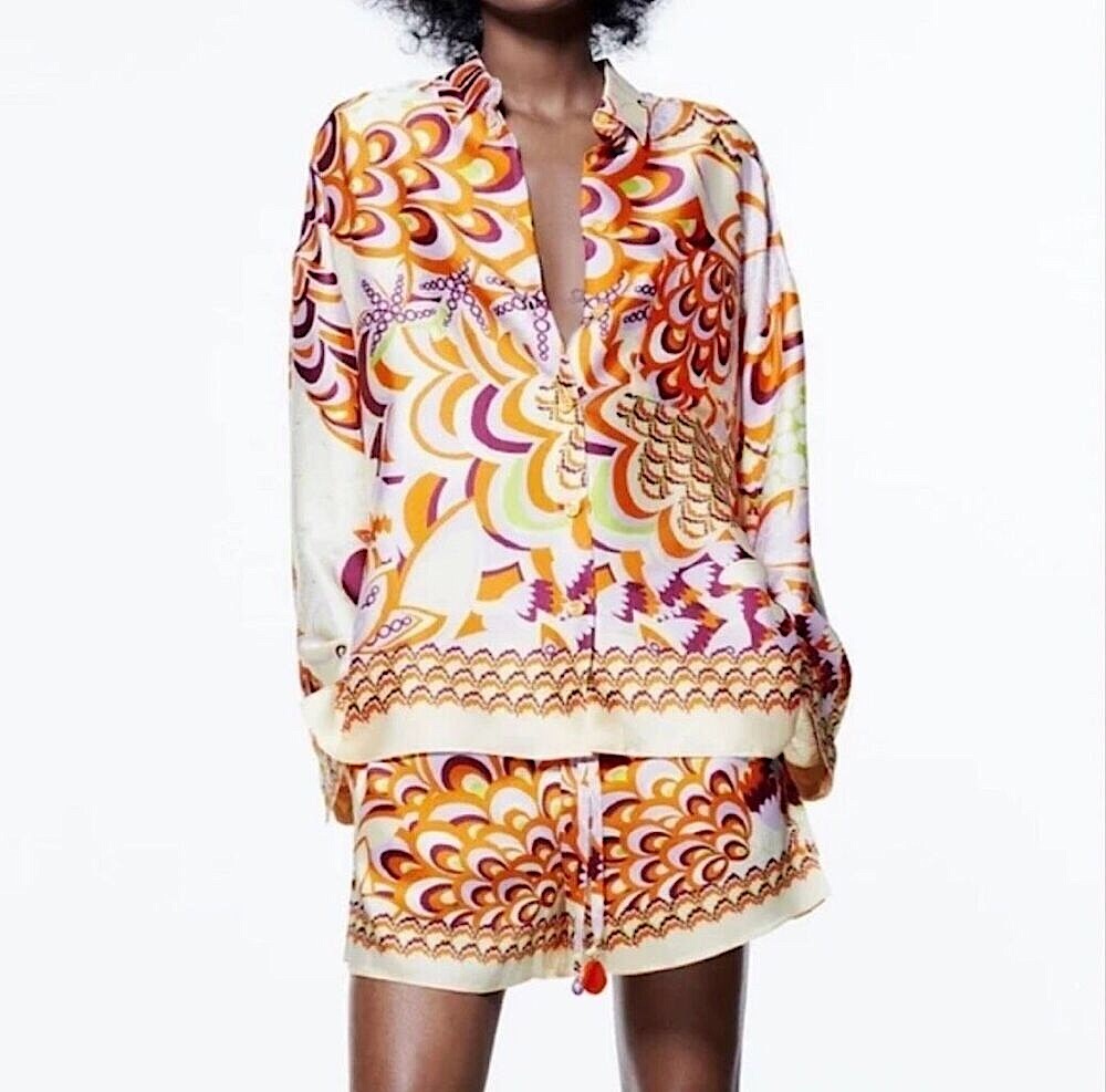 ZARA Printed Set Satin Shirt & Shorts Size XS • BLOGGER FAVORITE •